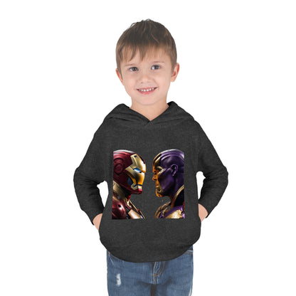 Child wearing Iron Man Vs Thanos Childs unisex Hoodie with vivid graphic print, embodying luxury and playful fashion for ages 2 to 5 years.
