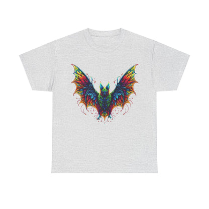 Radiant Evolution Bat Tee - Unisex Cotton Tee showcasing a majestic bat design in vivid rainbow colours on a grey fabric, merging creativity with comfort for an effortlessly stylish look.