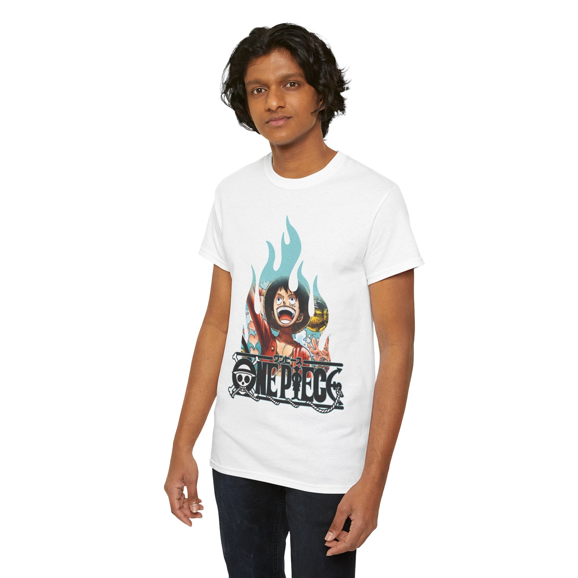 Sophisticated young man showcasing a fashionable white t-shirt adorned with iconic graphic elements, radiating style and character for discerning fans.