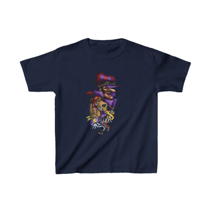 Unisex Kids Dastardly and Muttley Cotton T-Shirt Tee Youths Childs in navy blue, designed for young adventurers with striking imagery of Dastardly and Muttley.