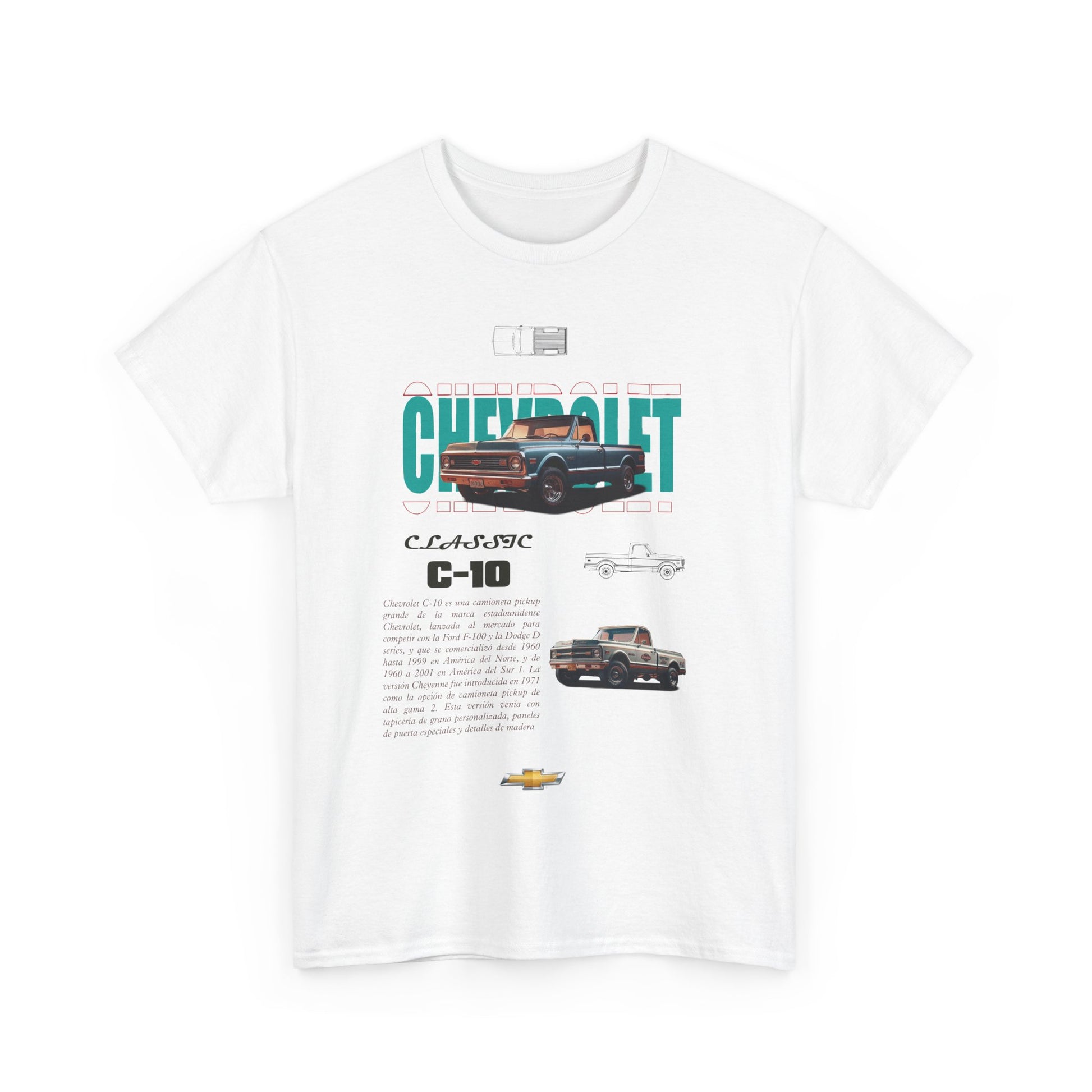 Elegant Chevrolet C-10 Classic T-shirt showcasing stunning retro graphic art, crafted from premium fabric in a bright white tone.