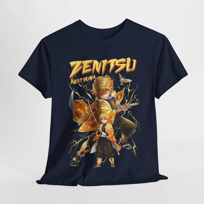 A stylish navy t-shirt displaying an illustration of Zenitsu Agatsuma, showcasing bold colours and detailing, ideal for trendy anime fashion.