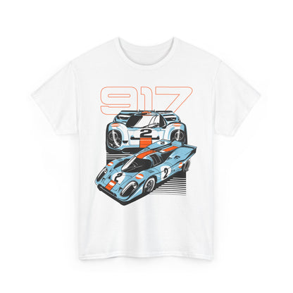 Sophisticated white Porsche 917 t-shirt with a captivating design of two classic race cars, elegantly displayed for automotive aficionados.