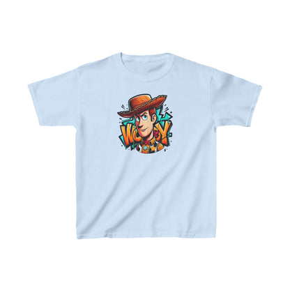 Chic Childs Woody Graffiti Unisex Graphic Tee Shirt in light blue, adorned with a graffiti-inspired Woody illustration, perfect for stylish children.