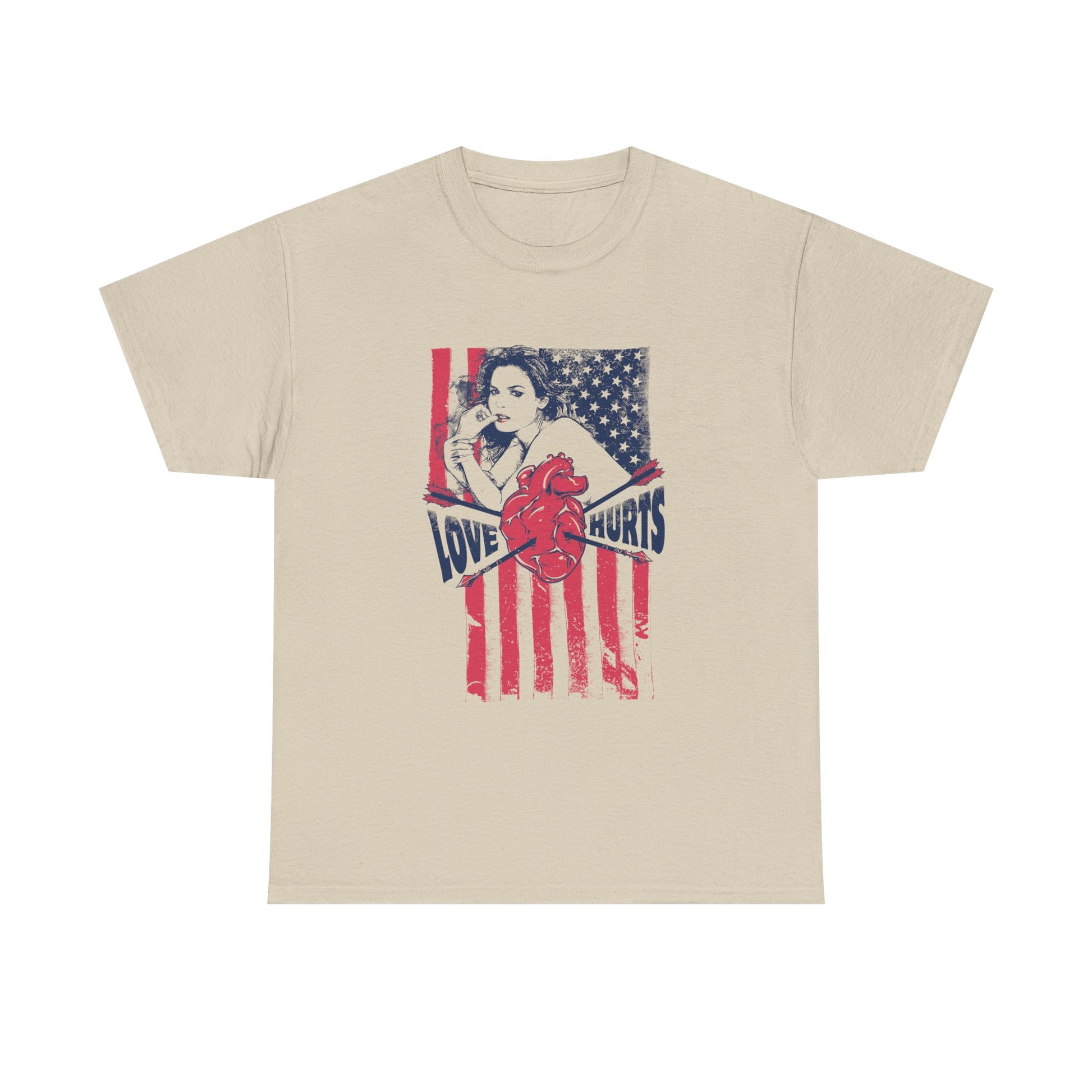 Elegant beige men's t-shirt showcasing a classic pin-up girl graphic on a distressed American flag background, complemented by the phrase 'LOVE HURTS' in deep navy typography, exuding sophistication and a vintage charm.