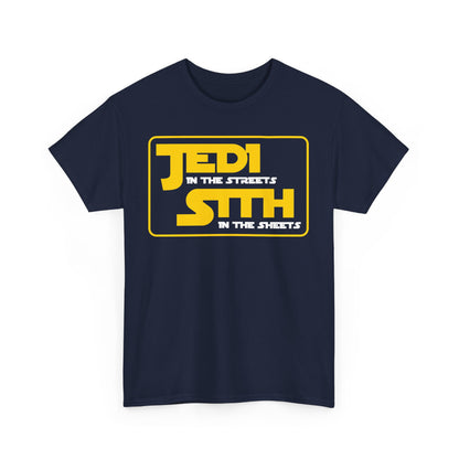 Stylish Men's T-Shirt Featuring Jedi Sith Design - Perfect for Star Wars Fans, showcasing striking rectangle design with bold yellow typography and sleek white border, ideal for galaxy enthusiasts.