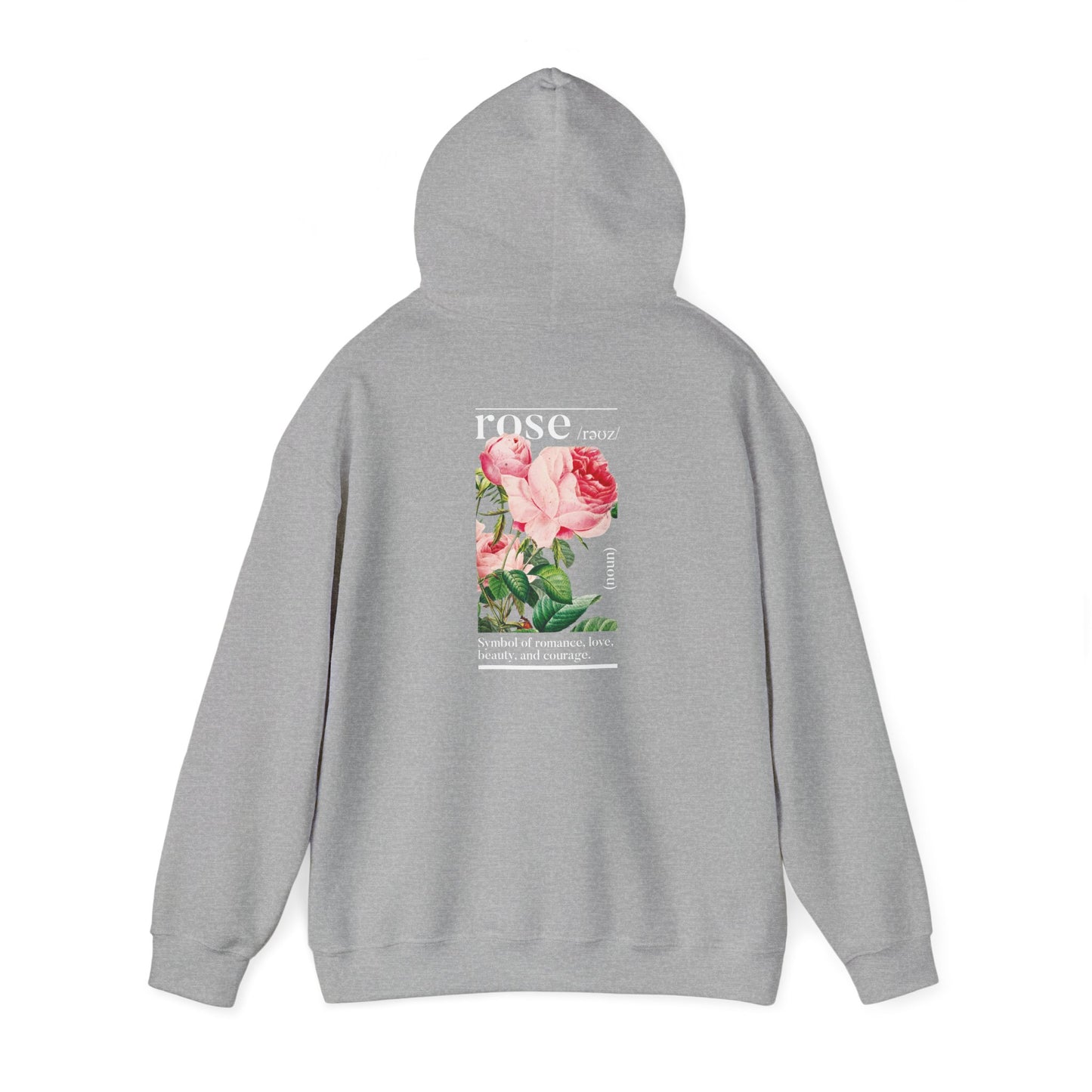 Sophisticated grey hoodie adorned with intricate rose design, capturing the essence of love and courage.