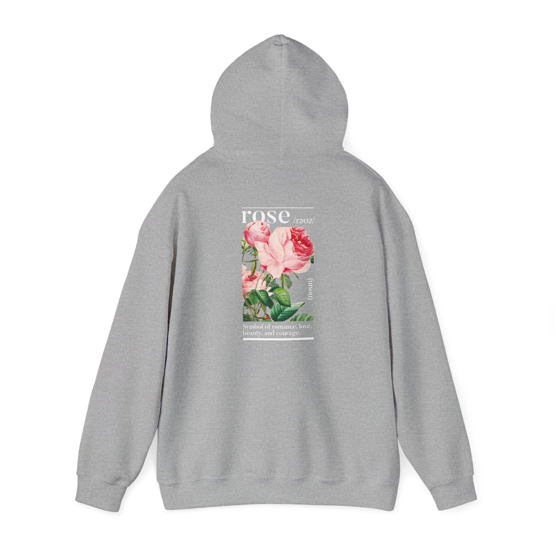 Sophisticated grey hoodie adorned with intricate rose design, capturing the essence of love and courage.