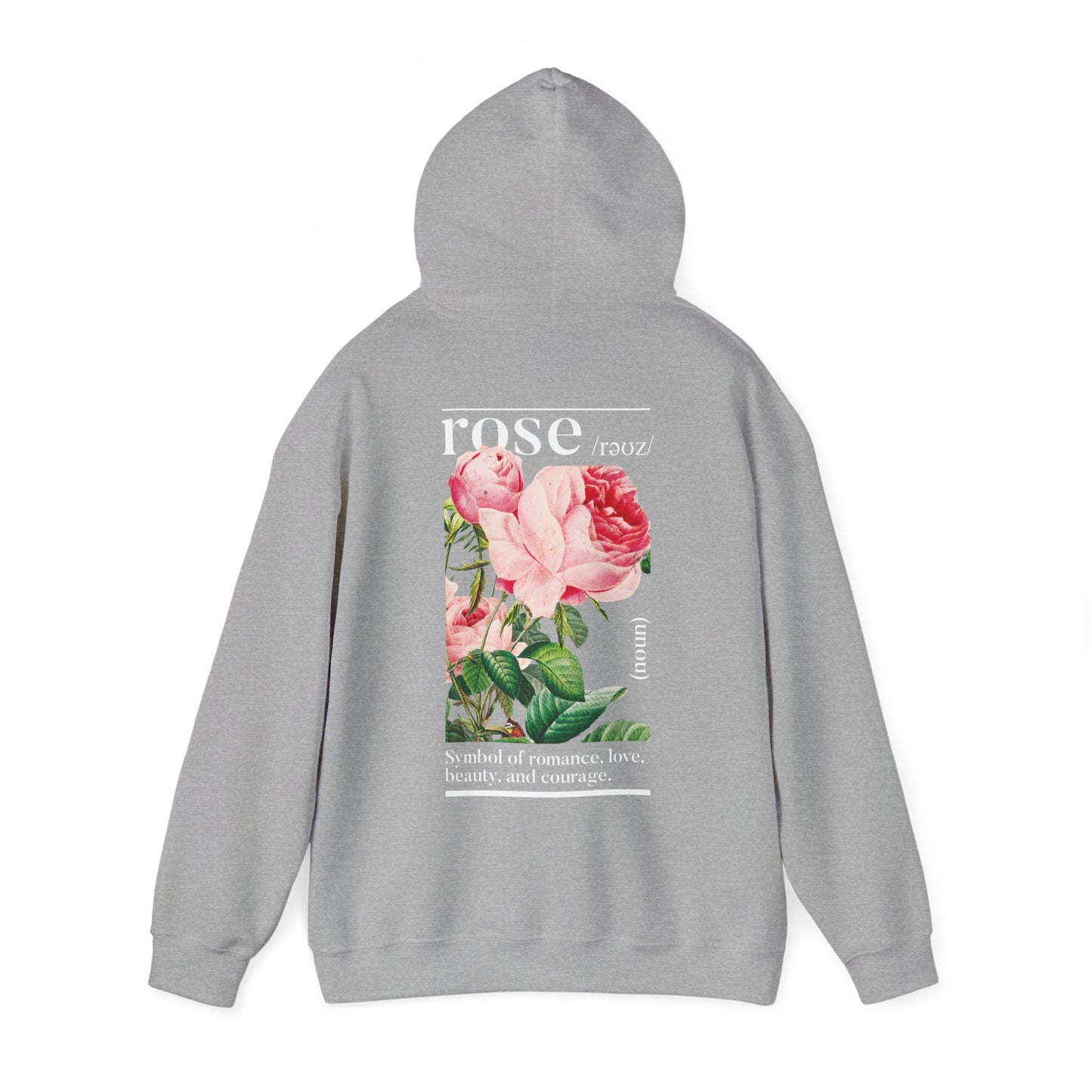 Chic grey hoodie adorned with a captivating rose design on the back, symbolising love and elegance, ideal for fashion-forward individuals.