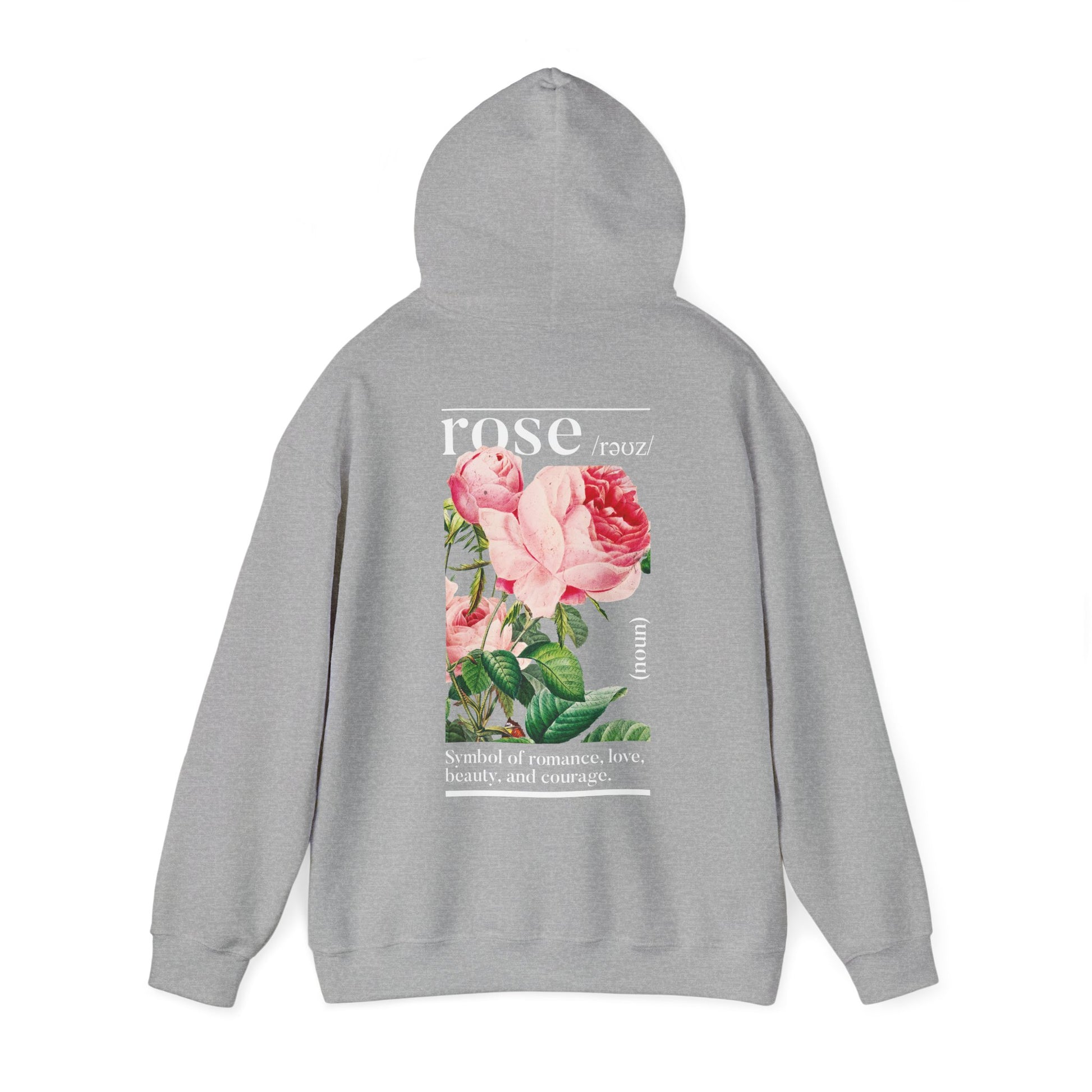 Chic grey hoodie adorned with a captivating rose design on the back, symbolising love and elegance, ideal for fashion-forward individuals.