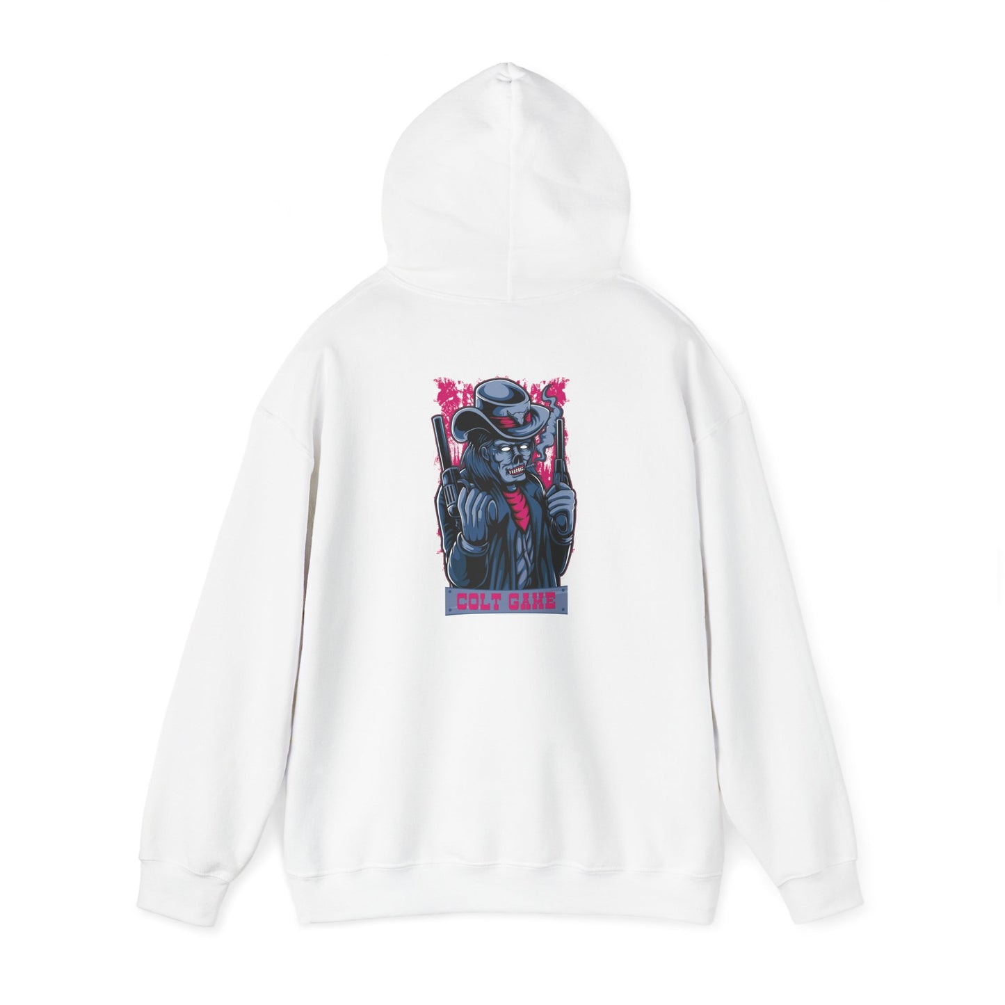 Back view of a luxurious white hoodie featuring a striking graphic design of a fierce figure in a cowboy hat, holding gold revolvers, complemented by bold typography and a gold emblem.