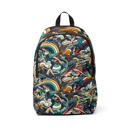 Vibrant Pop Art Backpack by Dazzling Dreams Studio showcasing dynamic cartoon characters and bold colours, exuding luxury and modern aesthetics.