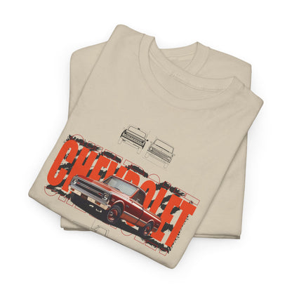 Luxurious beige Chevrolet C-10 graphic t-shirt featuring a stunning vintage truck design with bold orange typography. Perfect for automotive enthusiasts.