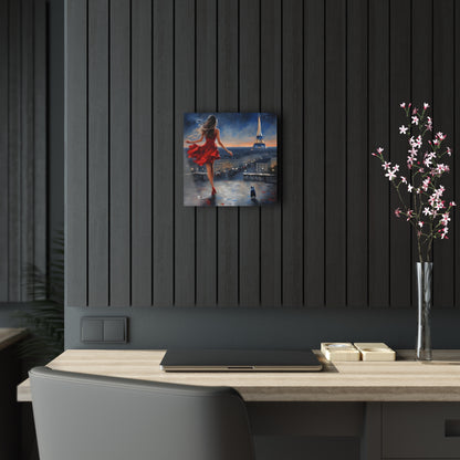 Captivating Enchantment: City Stroll Acrylic Print elegantly showcased in a modern office space, enhancing the decor with a vibrant Parisian night scene that inspires creativity.