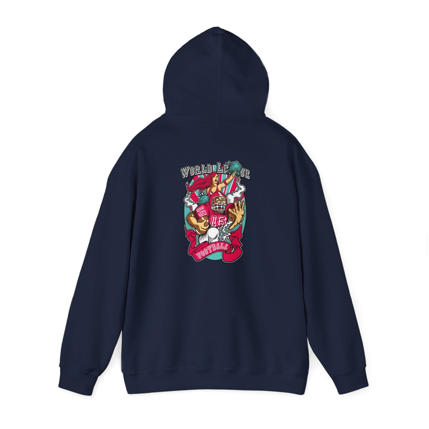 Elegant navy hoodie with a striking back view, displaying a dynamic blend of athletic themes, a cheerleader with crimson hair, and bold typography stating 'WORLD LEAGUE FOOTBALL' for a chic sportswear statement.