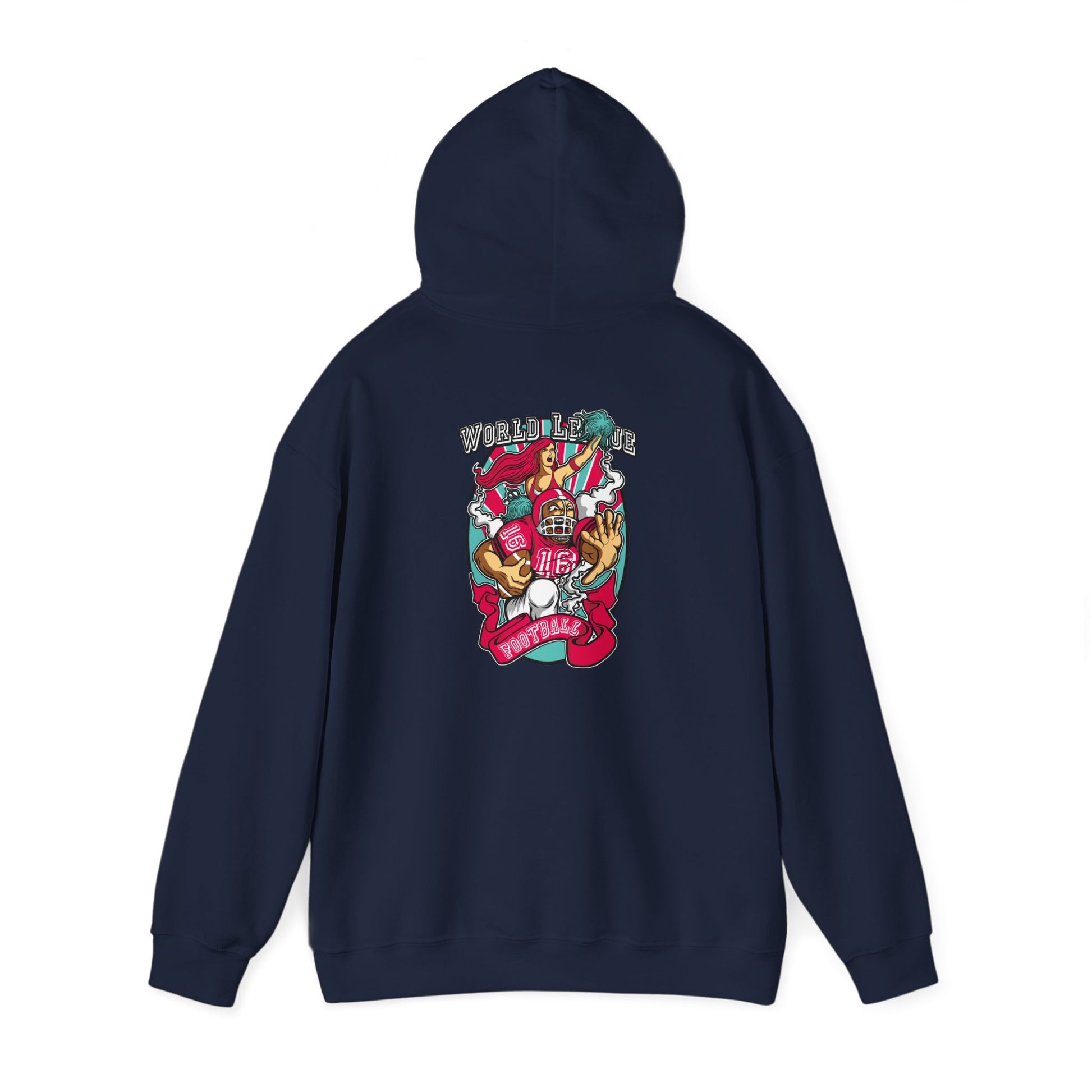Elegant navy hoodie with a striking back view, displaying a dynamic blend of athletic themes, a cheerleader with crimson hair, and bold typography stating 'WORLD LEAGUE FOOTBALL' for a chic sportswear statement.