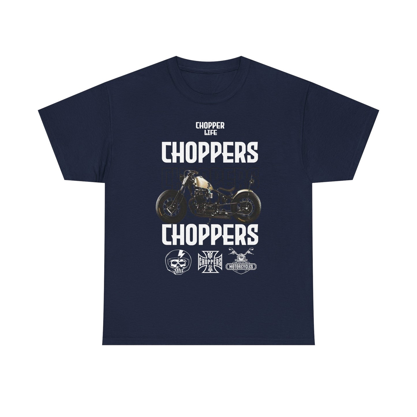 Noble navy men's T-shirt adorned with an eye-catching 'CHOPPERS' graphic design, reflecting the essence of chopper culture for discerning motorbike lovers.