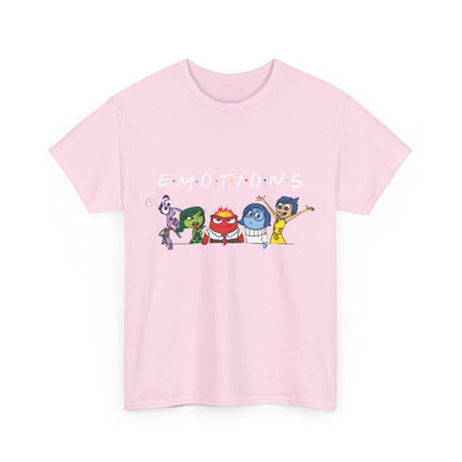 Front view of the 'Inside Out Friends Humorous Graphic Unisex Tee Shirt' featuring vibrant characters from Pixar's Inside Out merged with the iconic Friends logo in playful typography.