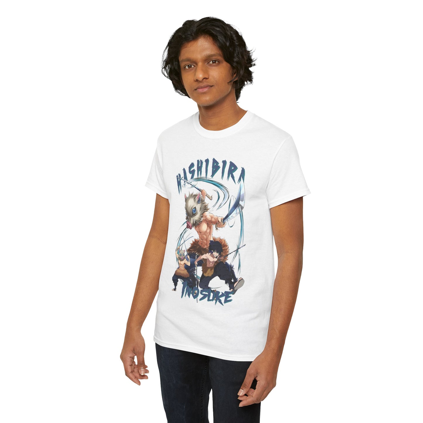 Stylish Hashibira Inosuke graphic t-shirt featuring vibrant anime-inspired artwork, perfect for fashion enthusiasts seeking bold expressions of character.