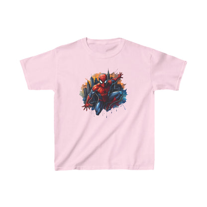 Child's Unleash Your Inner Hero: Spider-Man Unisex Graphic Tee Shirt Kids in gentle pink, displaying a colourful depiction of Spider-Man in an agile pose, surrounded by a dynamic cityscape.