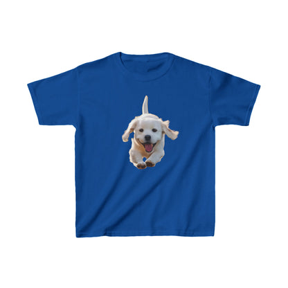 Leaping Puppy Kids Tee displaying a joyful leaping puppy design on a blue cotton t-shirt, ideal for fashionable little ones.
