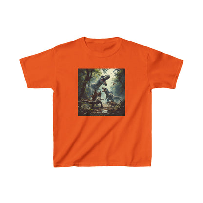 Kids Dinosaur Heavy Cotton Tee in vibrant orange featuring bold dinosaur artwork, perfect for adventurous little explorers.