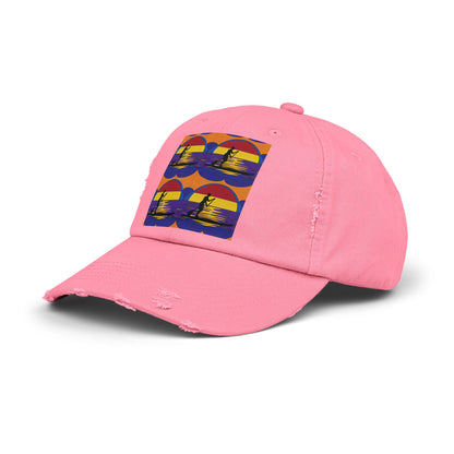 Unisex Distressed Paddleboarders Cap in vibrant pink featuring a stylish paddleboarding graphic, providing chic sun protection for adventurous water lovers.