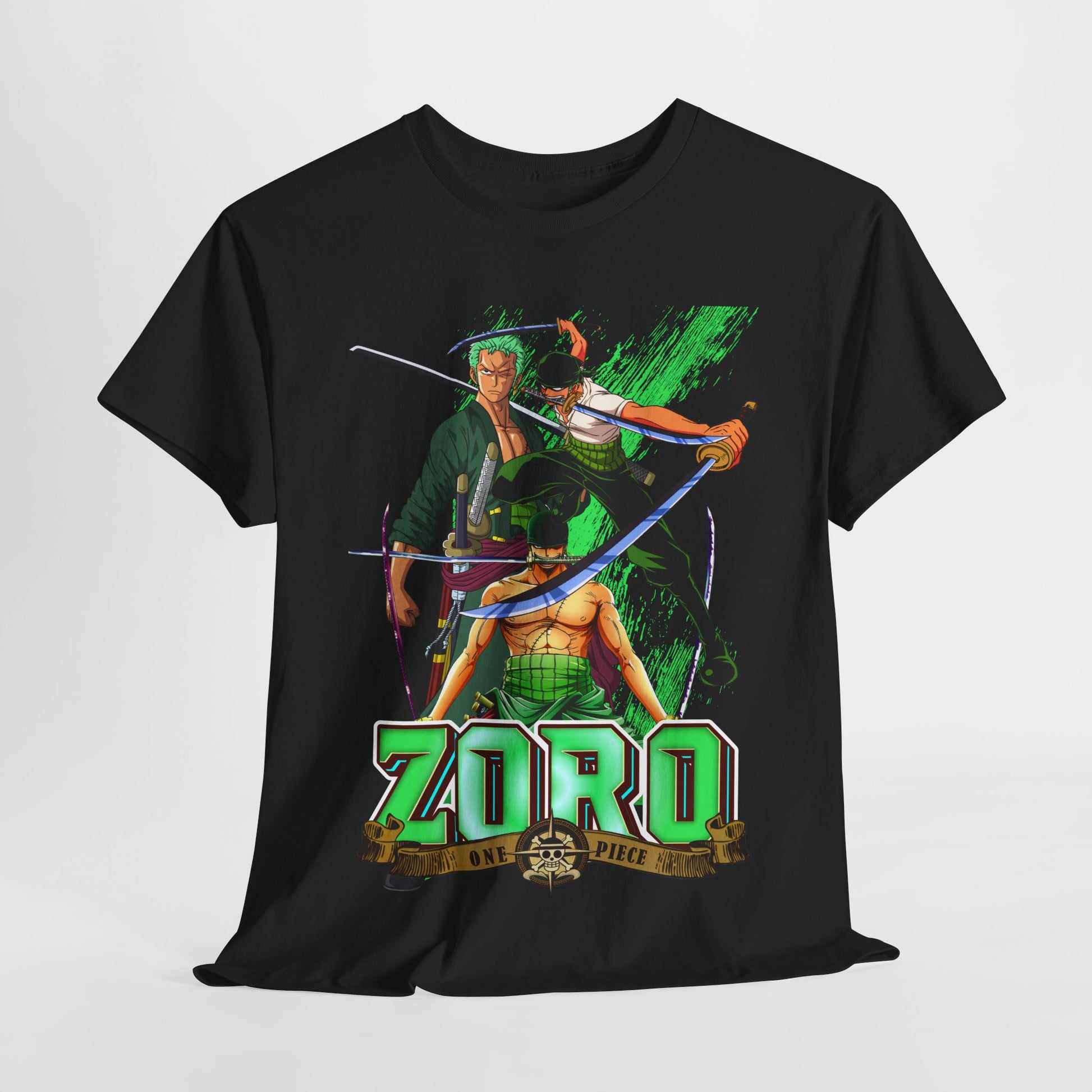 Stylish black t-shirt with a striking design of anime characters Zoro, displayed prominently, perfect for anime enthusiasts looking for fashionable streetwear.