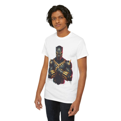 Model wearing a luxurious Black Panther Unisex Graphic Tee, brilliantly showcasing the heroic design, perfect for sophisticated Marvel enthusiasts.