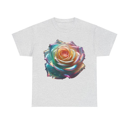 Ethereal Rose Unisex Cotton Tee featuring an artistic floral design of a multicoloured rose with iridescent accents and water droplets, perfect for luxurious casual wear.
