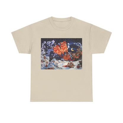 Discworld Hogfather Unisex Graphic Tee Shirt - Soft Cotton Blend, Iconic Cover Design featuring enchanting winter festivities and whimsical characters in vibrant colours.