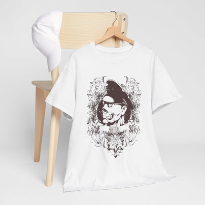 Stylish Men's Zombie Graphic T-Shirt elegantly displayed with a matching white cap, featuring intricate Baroque artwork of a zombie character.