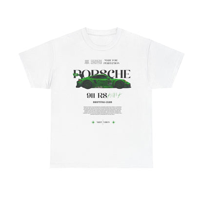 Refined white Porsche 911 RS men's t-shirt displaying a captivating green car design paired with sophisticated text, making a statement in automotive fashion.