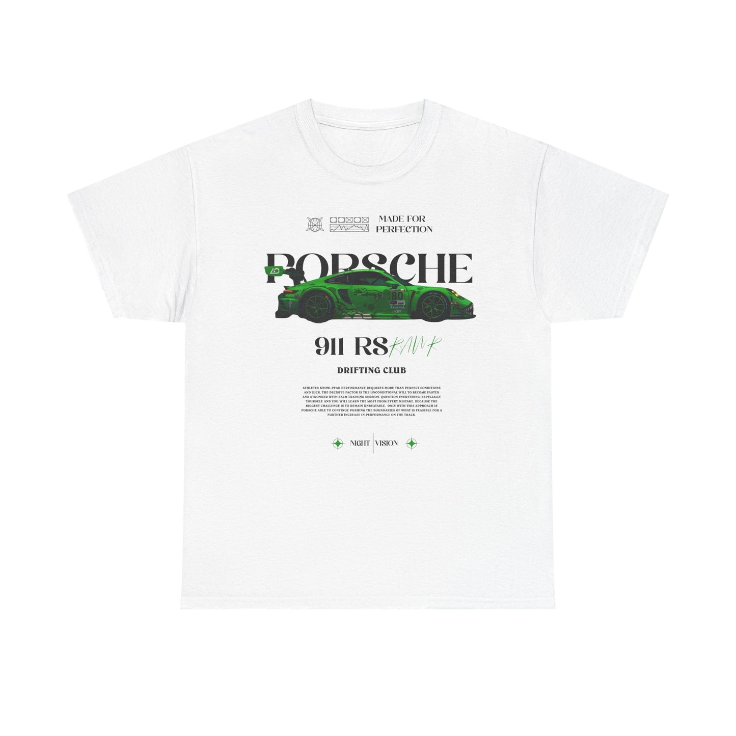 Luxurious white Porsche 911 RS men's t-shirt featuring a striking design of a green racing car, emblazoned with 'DRIFTING CLUB' and sophisticated typography.