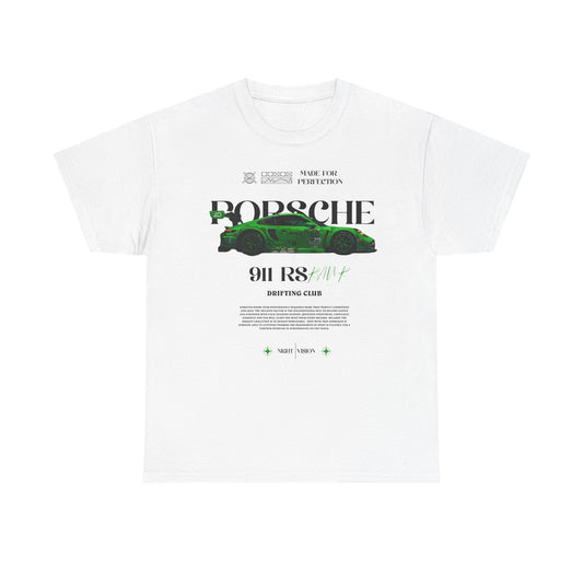 Luxury men's t-shirt featuring a striking graphic of a Porsche 911 RS in vibrant green, adorned with 'DRIFTING CLUB' typography, ideal for automotive enthusiasts.