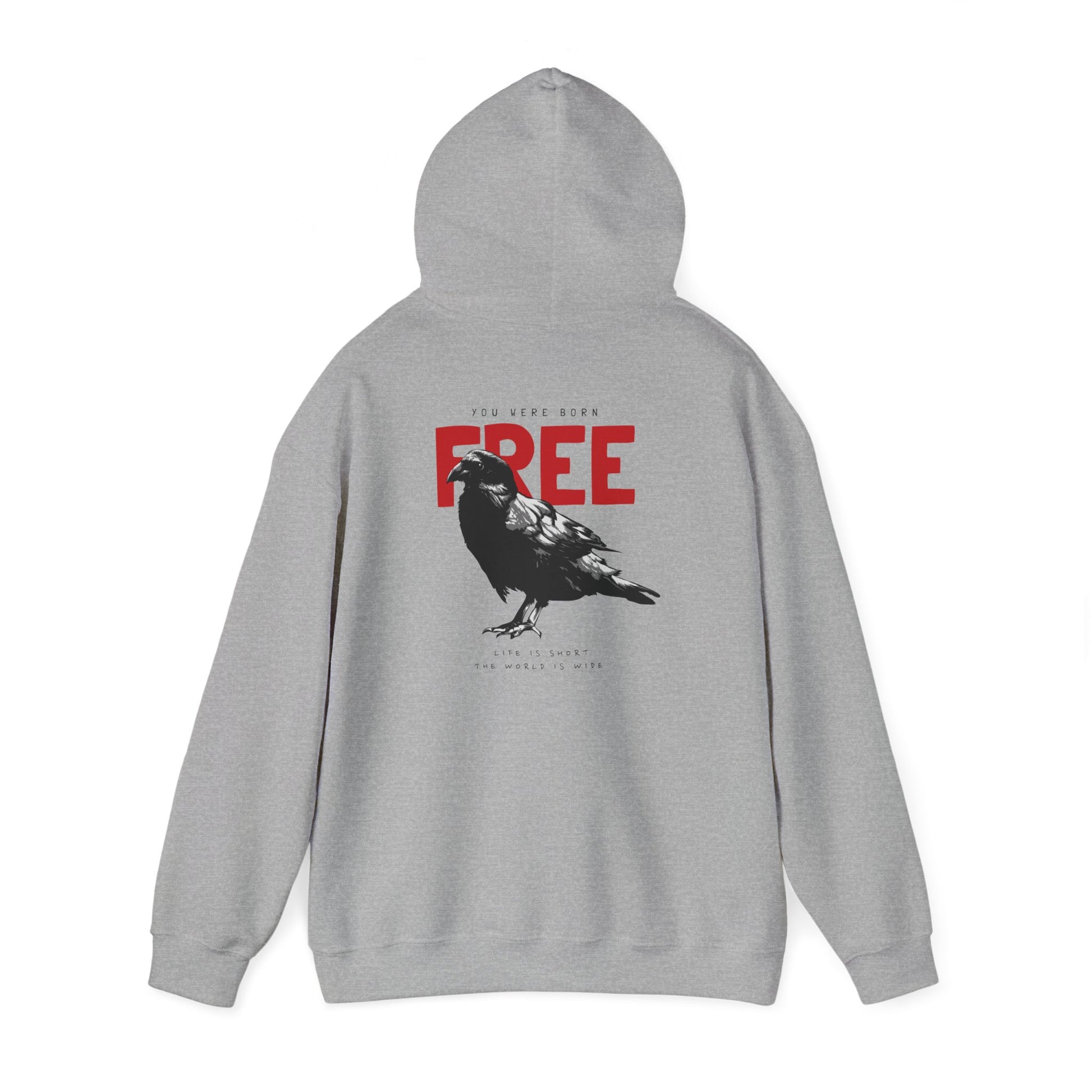 Stylish grey hoodie back view, adorned with a striking raven illustration and impactful typography, encapsulating individuality and empowerment.