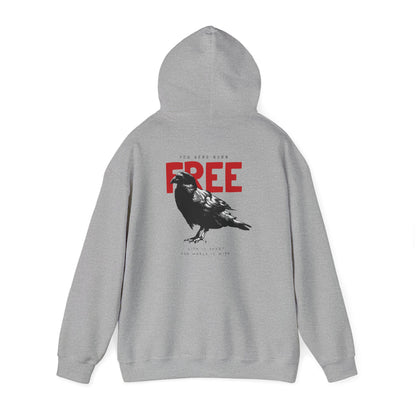 Stylish grey hoodie back view, adorned with a striking raven illustration and impactful typography, encapsulating individuality and empowerment.