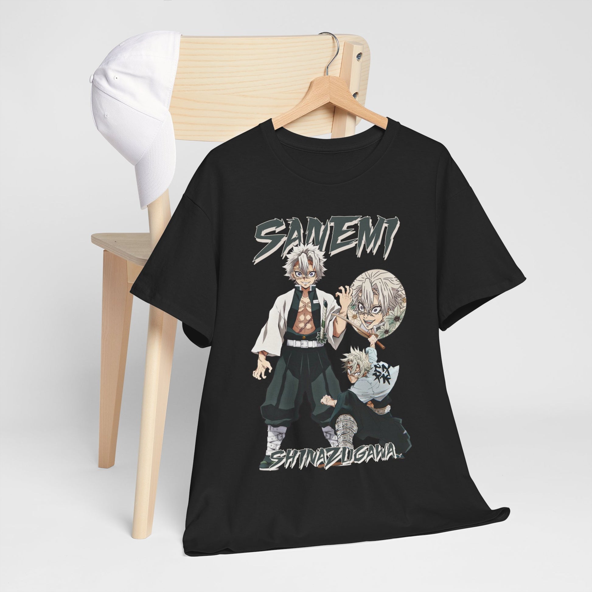 Stylish Sanemi Shinazugawa Tee elegantly displayed on a wooden chair, paired with a white cap, illustrating a trendy anime-inspired outfit perfect for casual occasions.