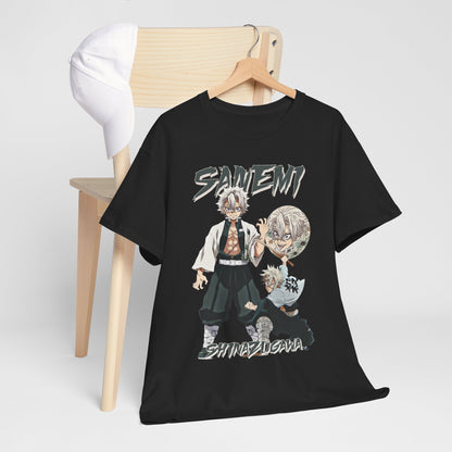 Stylish Sanemi Shinazugawa Tee elegantly displayed on a wooden chair, paired with a white cap, illustrating a trendy anime-inspired outfit perfect for casual occasions.