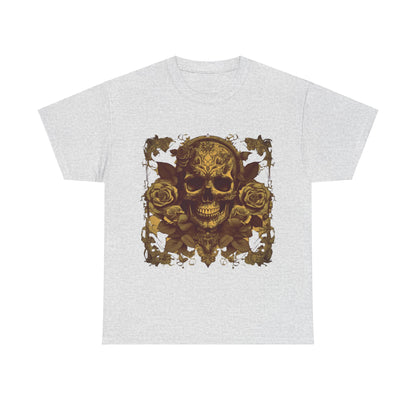Sophisticated front view of the grey variant of Skulls and Roses Cotton Tee adorned with an intricate skull and roses design, ideal for alternative fashion enthusiasts.