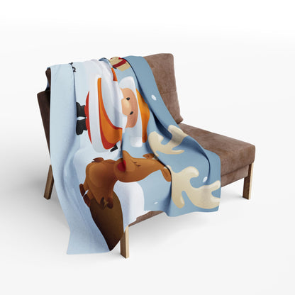 Decorative and Warm Christmas Arctic Fleece Blanket draped over a stylish chair, featuring a playful winter design with Santa and a reindeer, perfect for adding festive elegance to your home decor.