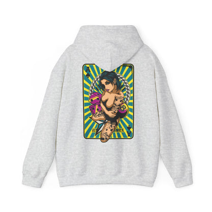 Chic grey hoodie showcasing a stunning back print of a tattooed woman with a vibrant playing card design, encapsulated in an energetic turquoise and yellow striped backdrop.