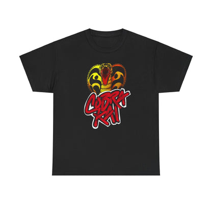 Luxurious graphic t-shirt featuring the Cobra Kai emblem, showcasing a striking design with a coiled snake in vibrant colours on a classic black background, perfect for fans of martial arts and humour.