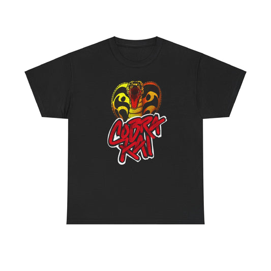 Luxurious graphic t-shirt featuring the Cobra Kai emblem, showcasing a striking design with a coiled snake in vibrant colours on a classic black background, perfect for fans of martial arts and humour.