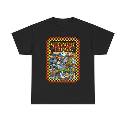 Front view of a premium black t-shirt adorned with colorful Stranger Things Rink O Mania graphic, perfect for fans of retro nostalgia and stylish apparel.