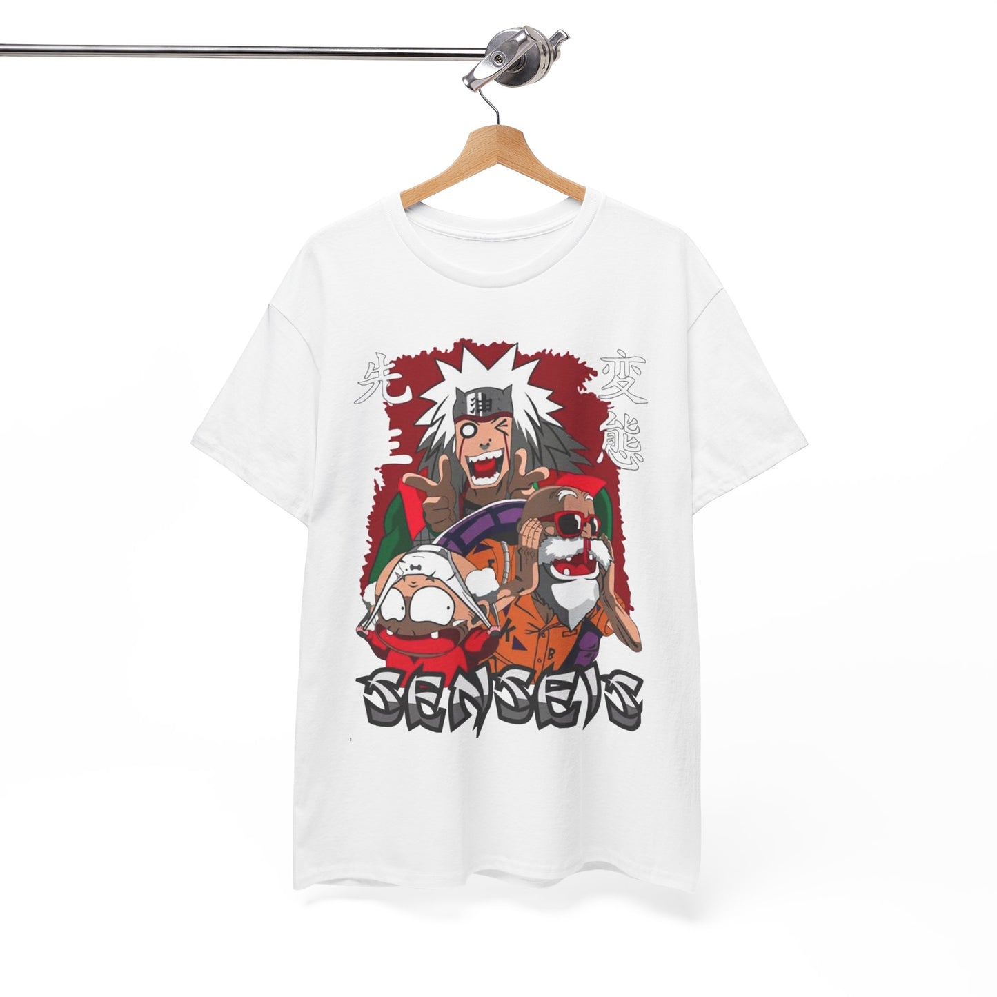 Exquisite Sensei Graphic Tee hanging elegantly, featuring captivating anime characters and trendy lettering, a must-have for fashion-forward collectors.