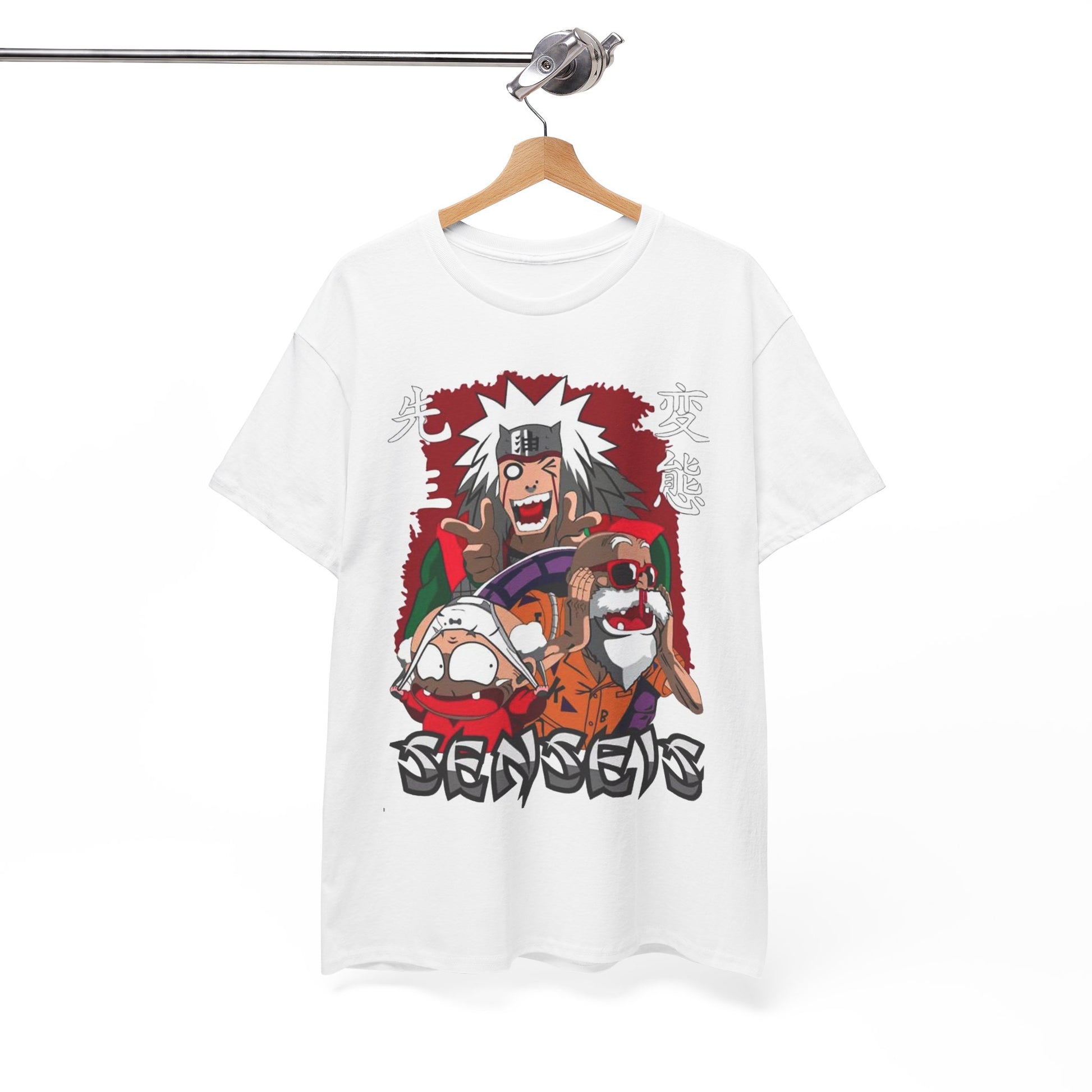 Exquisite Sensei Graphic Tee hanging elegantly, featuring captivating anime characters and trendy lettering, a must-have for fashion-forward collectors.