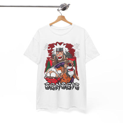 Exquisite Sensei Graphic Tee hanging elegantly, featuring captivating anime characters and trendy lettering, a must-have for fashion-forward collectors.