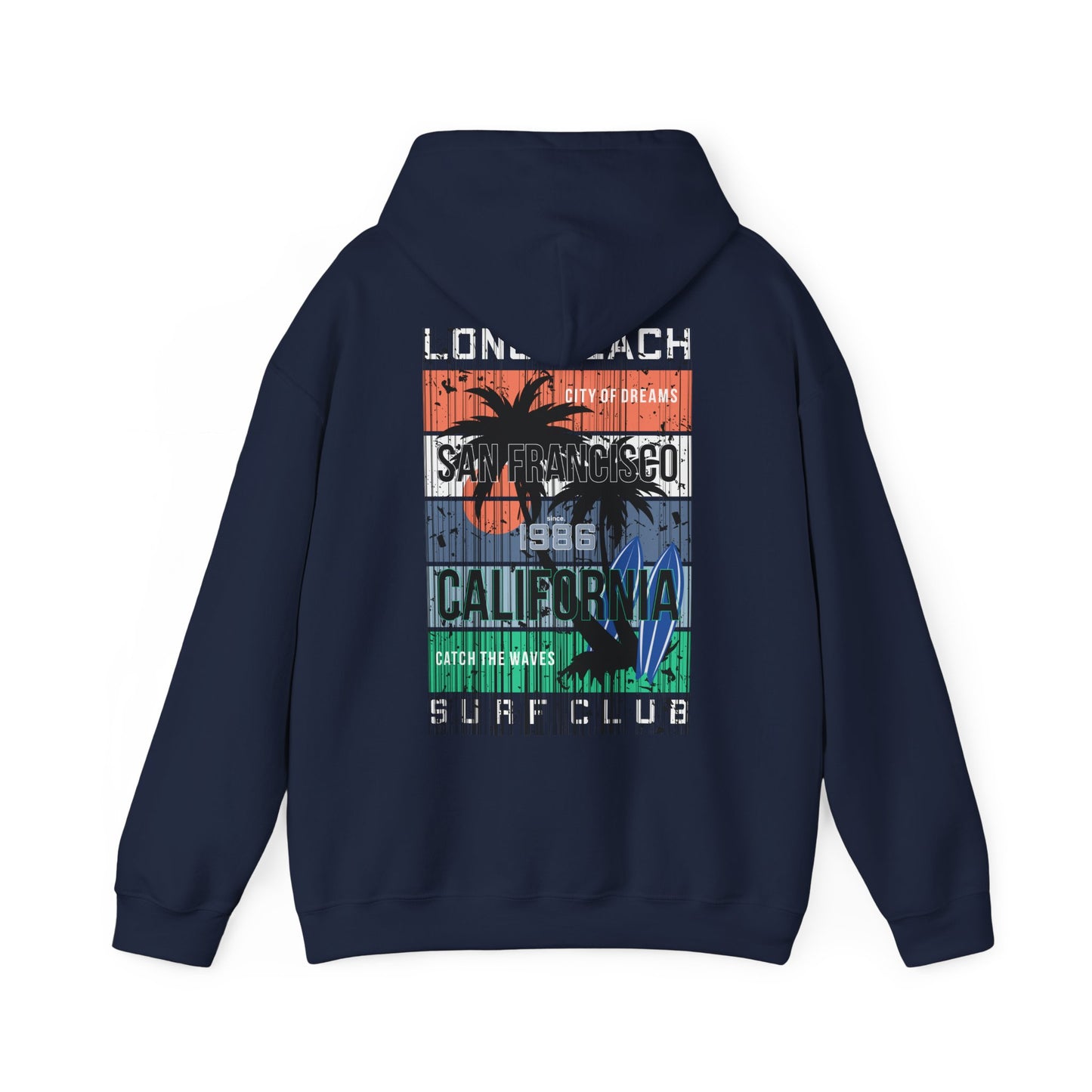 Refined navy hoodie featuring an eye-catching San Francisco surf design with vibrant colours and palm tree graphics, ideal for a stylish and comfortable outfit.