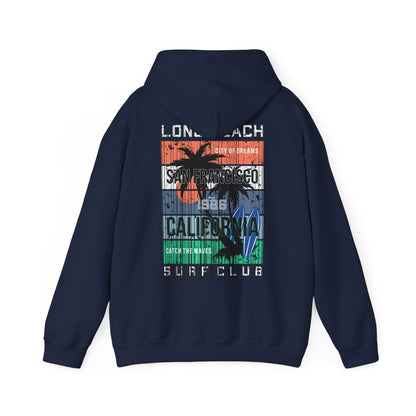 Refined navy hoodie featuring an eye-catching San Francisco surf design with vibrant colours and palm tree graphics, ideal for a stylish and comfortable outfit.